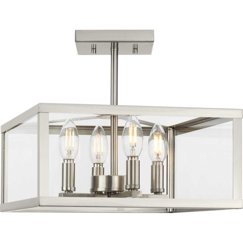 Hilllcrest Collection 13 in. Four-Light Brushed Nickel Transitional Semi-Flush Mount Light