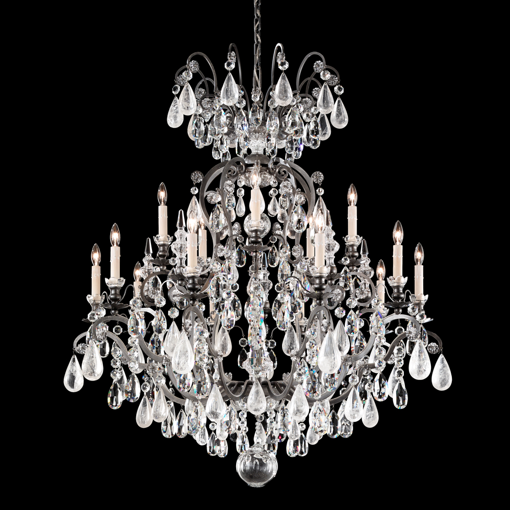 Renaissance Rock Crystal 16 Light 120V Chandelier in Antique Pewter with Amethyst & Black Diamond