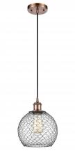  516-1P-AC-G122-8CBK - Farmhouse Chicken Wire - 1 Light - 8 inch - Antique Copper - Cord hung - Mini Pendant