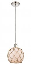  516-1P-PN-G121-8RB - Farmhouse Rope - 1 Light - 8 inch - Polished Nickel - Cord hung - Mini Pendant