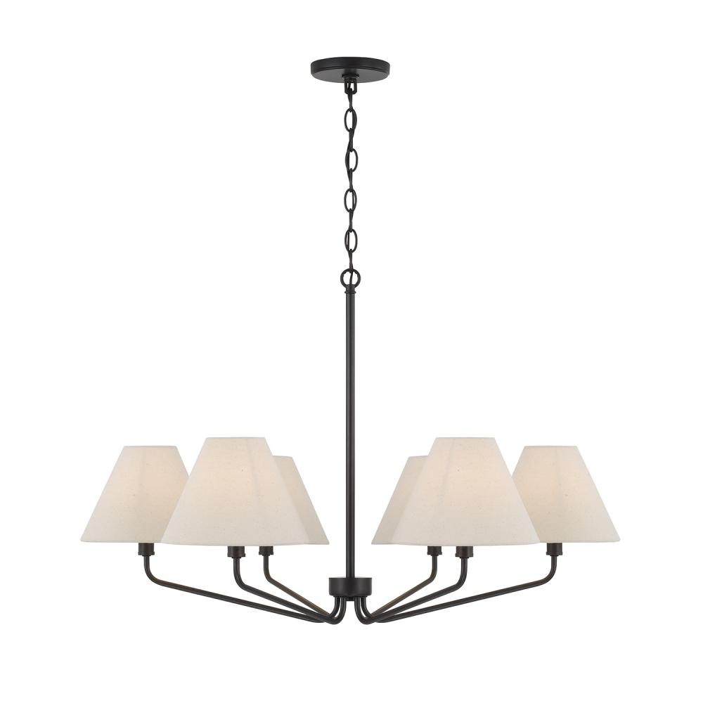 6-Light Angular Chandelier in Espresso with Tapered Soft Tan Fabric Shades